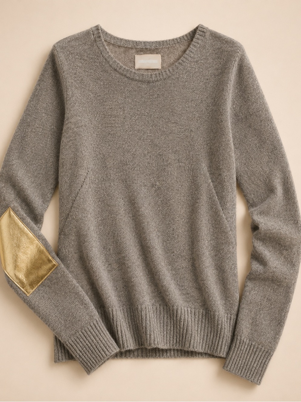 Zadig & Voltaire Gray 100% Cashmere Sweater with Gold Elbow Patch